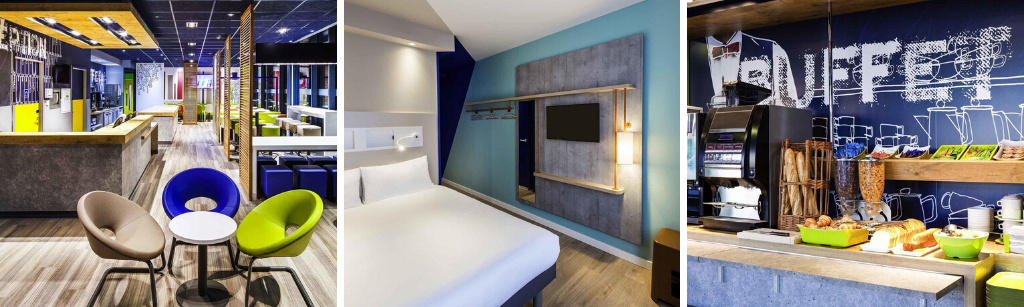 fotocollage van Ibis Budget Montpellier Nord Euromédecine hotel met een foto van de lobby, een kamer en de ontbijtzaal